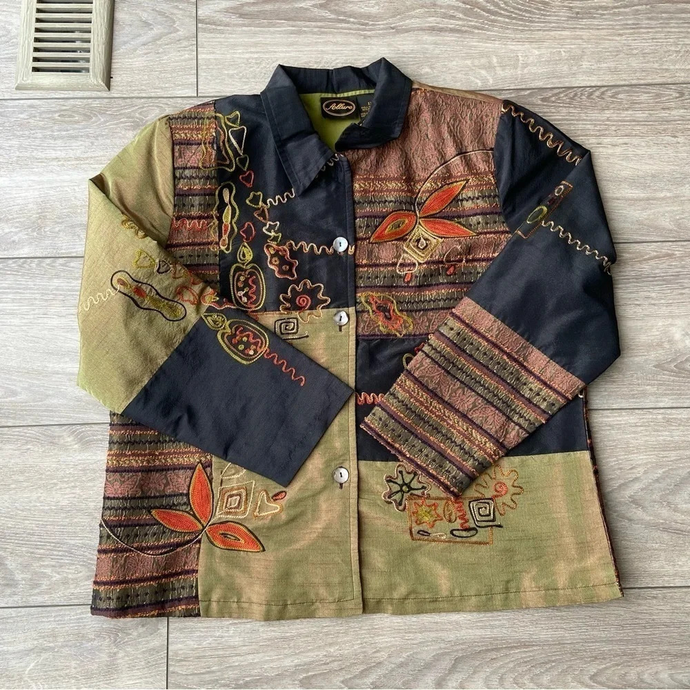 Allure Multicolor Patchwork Button-Front Jacket - Black, Olive, Rust - Picture 4 of 16